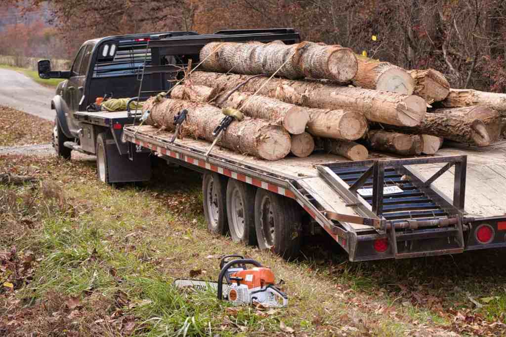 Load of chopped firewood on a flatbed truck ready for disposal or storage.